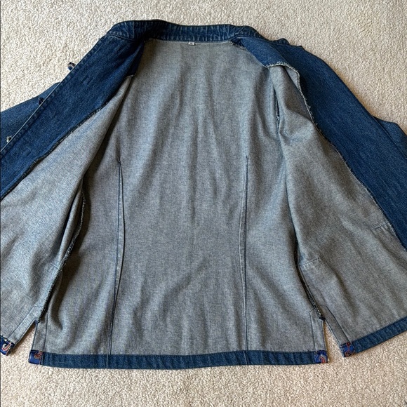 Denim Women's Jacket with embroidery Asian knotted buttons & Floral Accents - Picture 9 of 15
